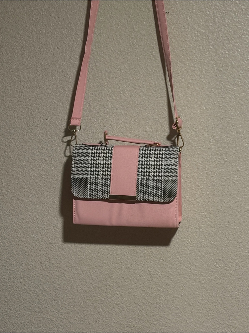 Pink Plaid Accent Crossbody Bag - Women